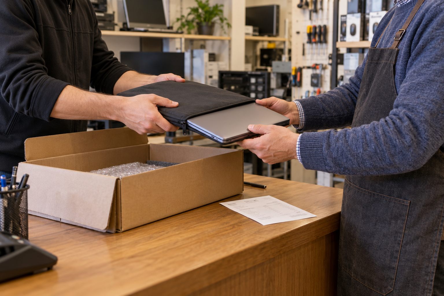 Entrega profesional de un equipo reparado a una tienda