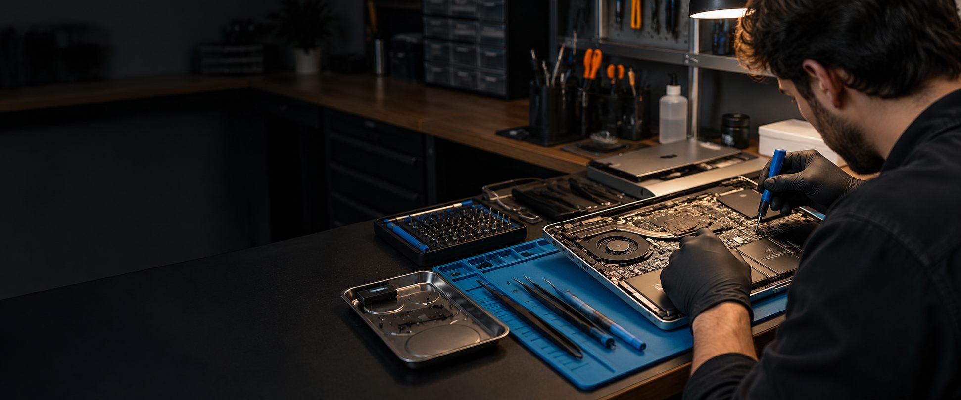 Técnico reparando un portátil en el taller de SAT Informático