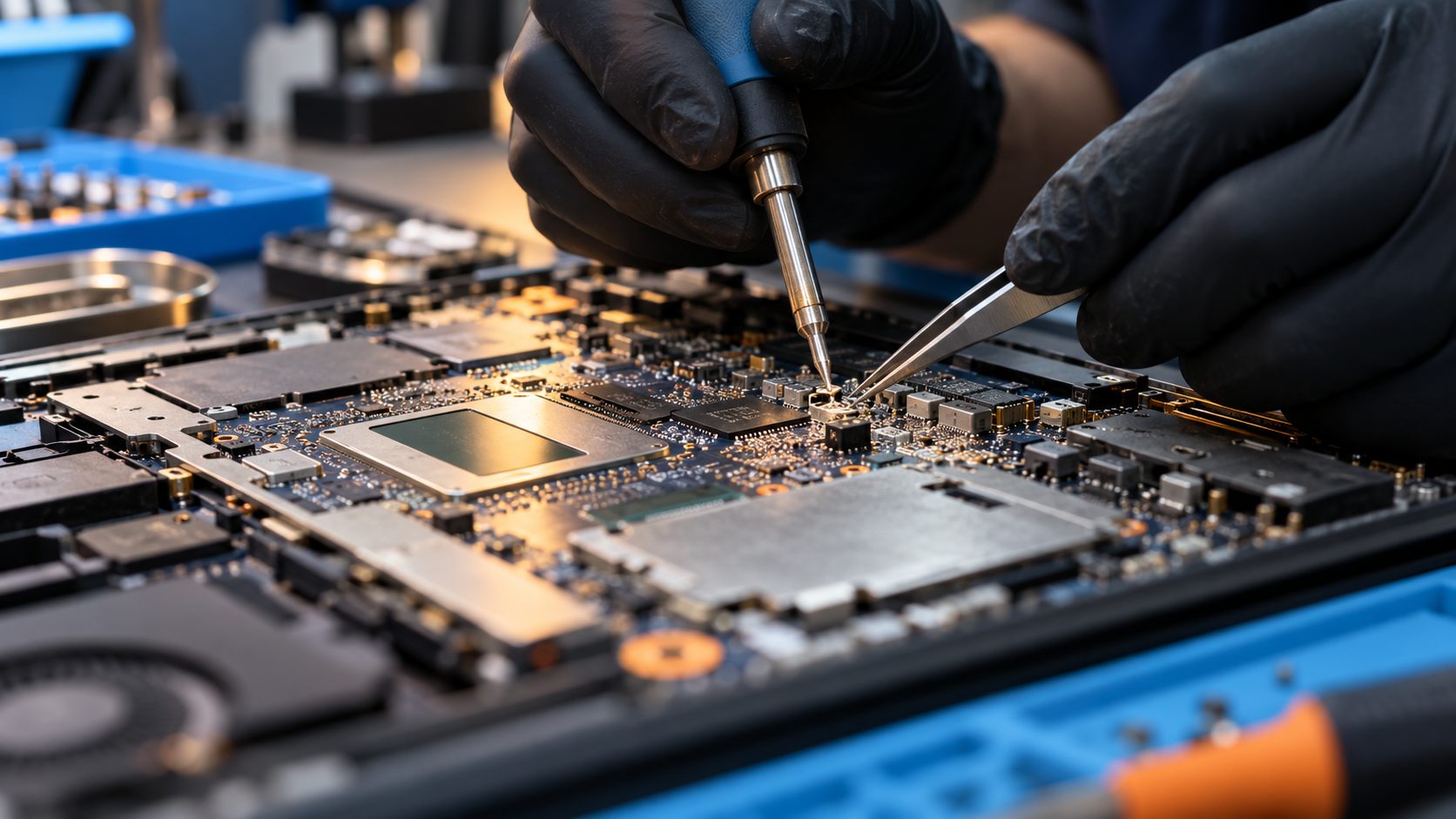 Detalle de una reparación de placa electrónica con microsoldadura